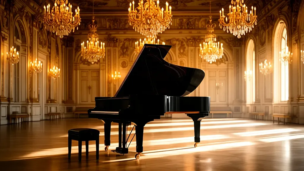 Chopin concert warsaw: koncerty chopinowskie w Warszawie - muzyka Chopina Elegancki fortepian koncertowy KAWAI w historycznym wnętrzu Pałacu Dziekańskiego podczas chopin concert warsaw.