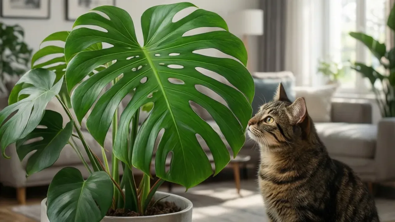 Czy monstera jest trująca dla kota? Toksyczne rośliny w twoim domu Kot siedzący obok rośliny Monstera deliciosa w salonie – sprawdź, czy monstera jest trująca dla kota i jak chronić pupila przed zatruciem.