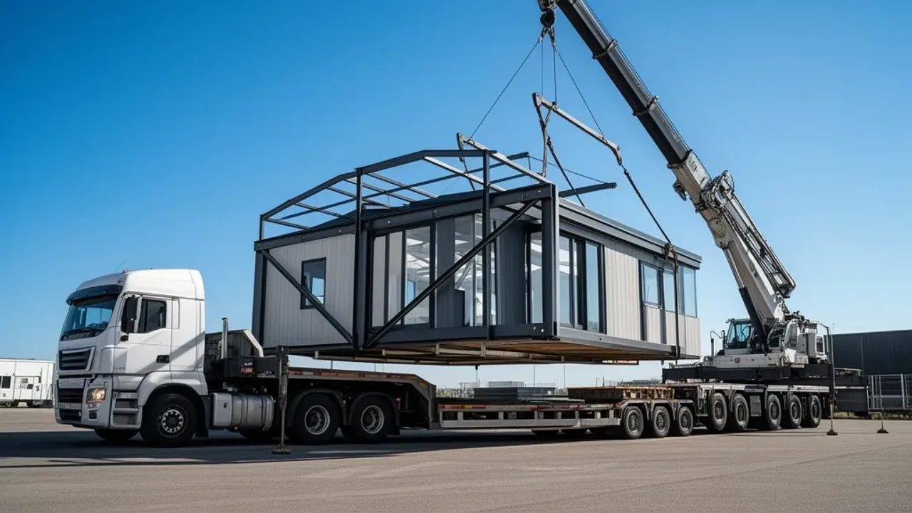 Ile waży domek holenderski? Waga domku mobilnego i całorocznego Profesjonalny dźwig podnoszący domek holenderski na działce, ilustrujący ile waży domek holenderski podczas transportu.