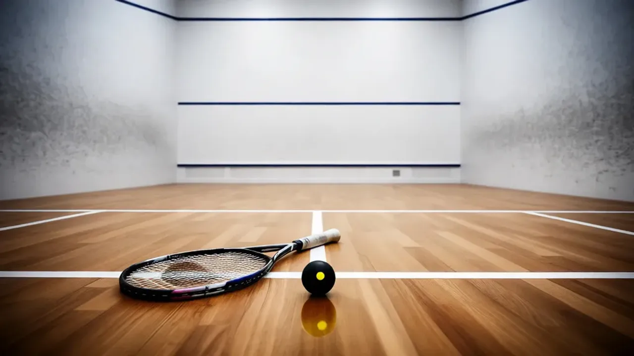 Jak grać w squash: poznaj podstawowe zasady gry w squasha i ten sport Pusty kort do squasha z widocznymi liniami serwisowymi i przednią ścianą, idealny dla osób uczących się jak grać w squash.