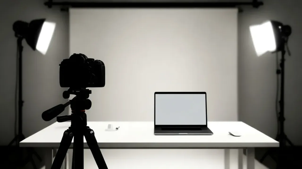Jak napisać opinie dla fotografa, aby zachwycić i pomóc innym? Profesjonalne stanowisko pracy z aparatem i smartfonem pokazującym pięć gwiazdek, ilustrujące jak napisać opinie dla fotografa.