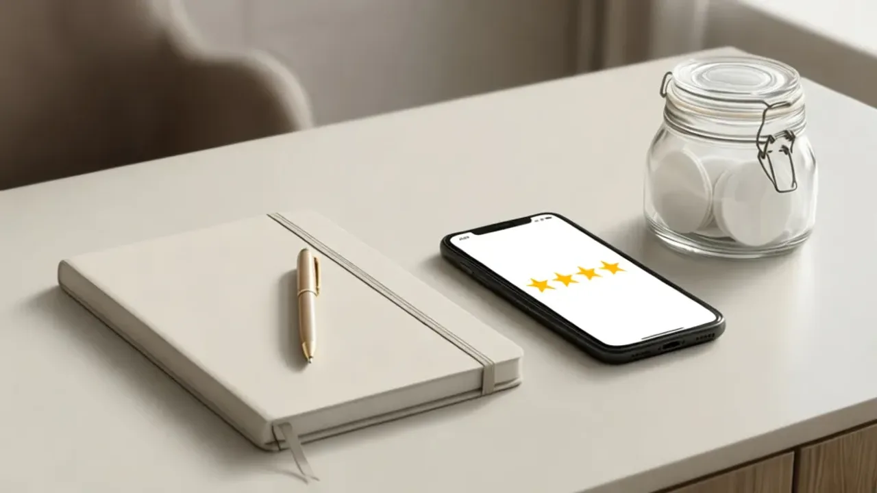 Jak napisać opinię o kosmetyczce? Najlepszy gabinet kosmetyczny w Warszawie Smartfon z formularzem na ekranie leżący na biurku w salonie beauty jako ilustracja poradnika jak napisać opinię o kosmetyczce.