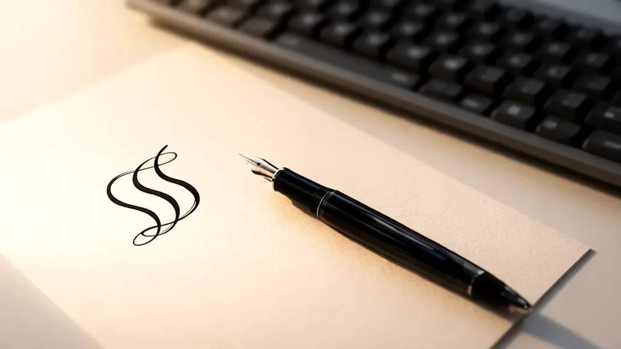 Jak napisać paragraf ręcznie, wpisać symbol § i zrobić go na klawiaturze Pióro wieczne na papierze z odręcznie napisanym symbolem § obrazujące jak napisać paragraf ręcznie.