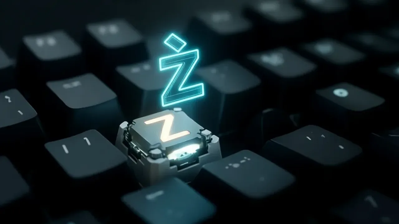 Jak napisać ź na komputerze: poradnik krok po kroku na laptop i PC Zbliżenie na podświetlony klawisz z polską literą ź na klawiaturze mechanicznej ilustrujące jak napisać ź na komputerze.