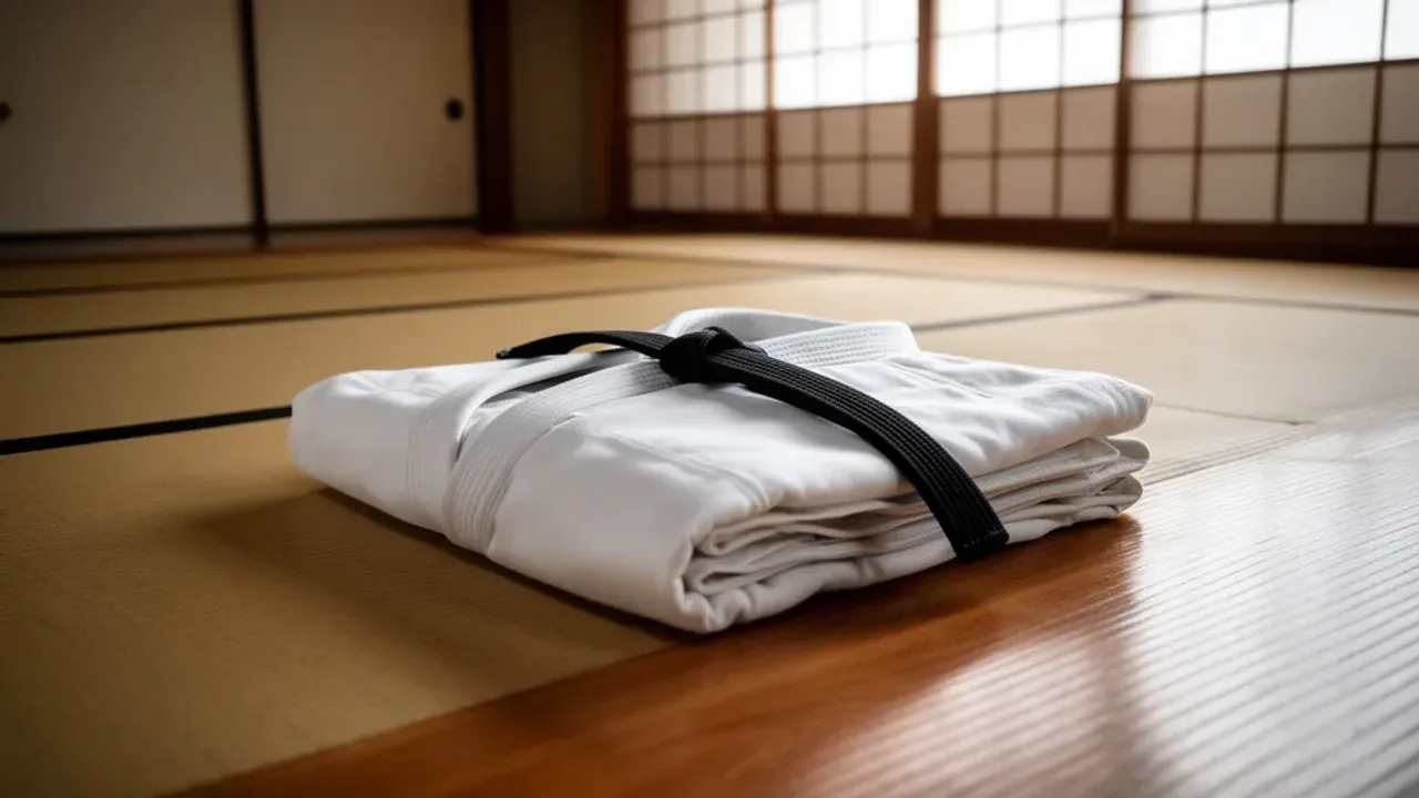 Japoński twórca judo Jigorō Kanō: historia judo i sztuki walki twórcy Tradycyjne kimono z czarnym pasem na macie tatami w dojo, symbolizujące dziedzictwo, które pozostawił japoński twórca judo.