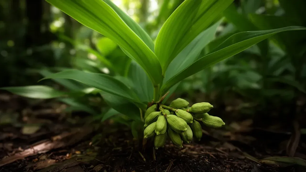 Kardamon jak rośnie: Praktyczny poradnik uprawy tej najdroższych przypraw Elettaria cardamomum w fazie wzrostu prezentująca to, jak kardamon jak rośnie w warunkach domowych i naturalnych.