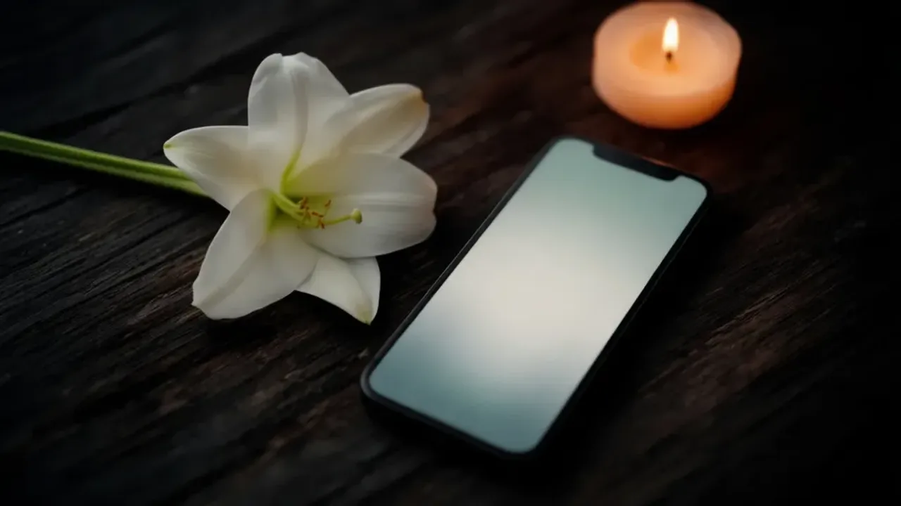 Kondolencje SMS: jak wyrazić wyrazy współczucia po śmierci bliskiej osoby? Elegancki telefon wyświetlający kondolencje SMS obok białej lilii i zapalonej świecy.
