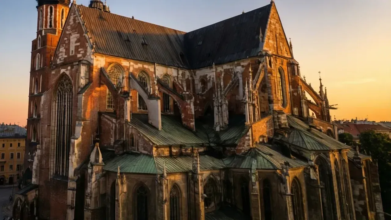 Kościół św. Rity w Krakowie: kompletny przewodnik dla pielgrzymów Gotycka architektura kościół św. Rity w Krakowie w świetle zachodzącego słońca.