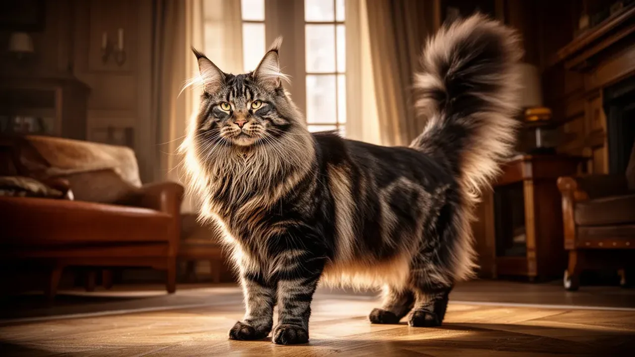 Maine coon olbrzym: opis rasy, hodowla i pielęgnacja dużego kota Dorosły maine coon olbrzym o gęstym futrze i charakterystycznych pędzelkach na uszach siedzący w przytulnym salonie.