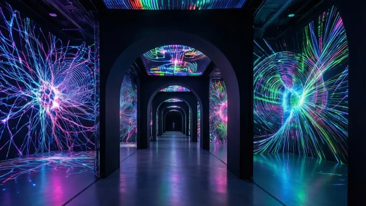 melt museum Warszawa: Immersyjne muzeum AI i nowa sztuka w stolicy Wnętrze immersyjnej wystawy w melt museum z nowoczesnymi instalacjami świetlnymi AI.