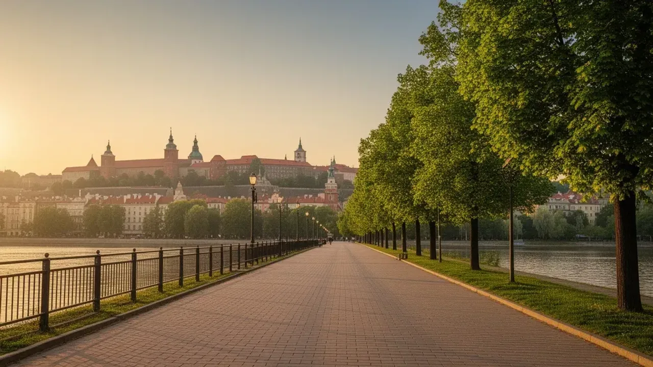 Miejsca na spacer w krakowie: Praktyczny przewodnik i lista tras 2026 Pusta ścieżka spacerowa nad Wisłą z widokiem na Wawel – najlepsze miejsca na spacer w krakowie.