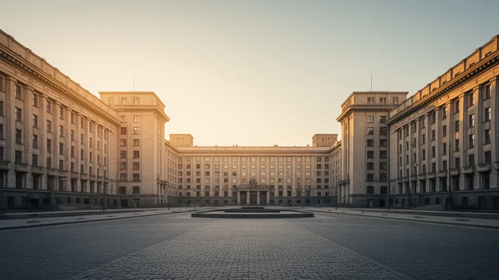 Nowa Huta historia: praktyczny przewodnik i fakty o dzielnicy Monumentalna architektura socrealistyczna na Placu Centralnym w Krakowie ilustrująca temat Nowa Huta historia.