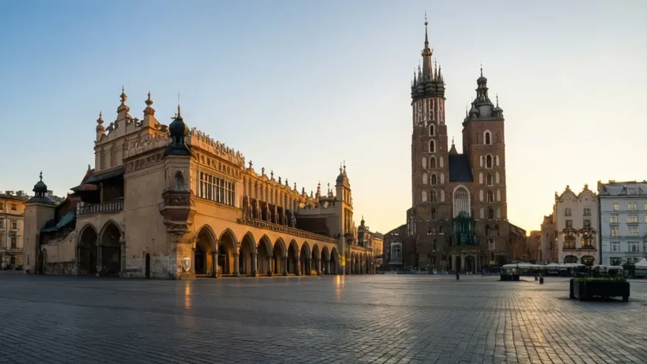 Rynek Główny w Krakowie: Kompletny poradnik (2026) Widok na zabytkowy Rynek Główny w Krakowie z Sukiennicami i Bazyliką Mariacką.