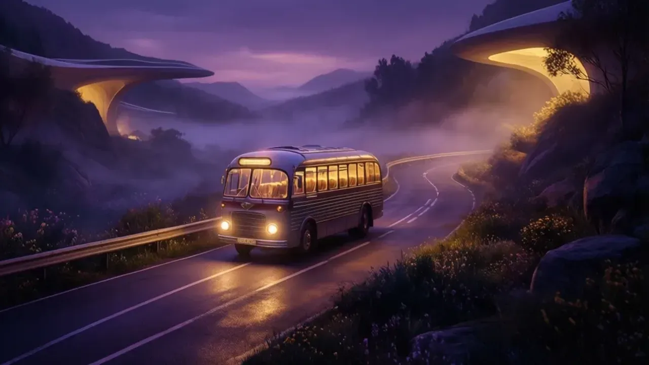 Sennik jechać autobusem: co oznacza sen o autobusie i jazda autobusem? Pusty autobus jadący przez mglistą drogę jako ilustracja sennik jechać autobusem.