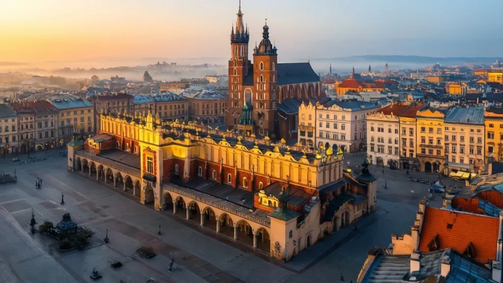 Starówka kraków: Praktyczny przewodnik po zabytkach i atrakcjach (2026) Widok na Rynek Główny i Sukiennice wczesnym rankiem, starówka kraków.