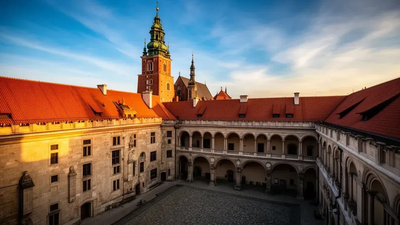 Zamek na Wawelu: Zamek Królewski na Wawelu, Kraków – Kamil Janicki Widok na dziedziniec arkadowy oraz wieże, które posiada zamek na wawelu w Krakowie o zachodzie słońca.