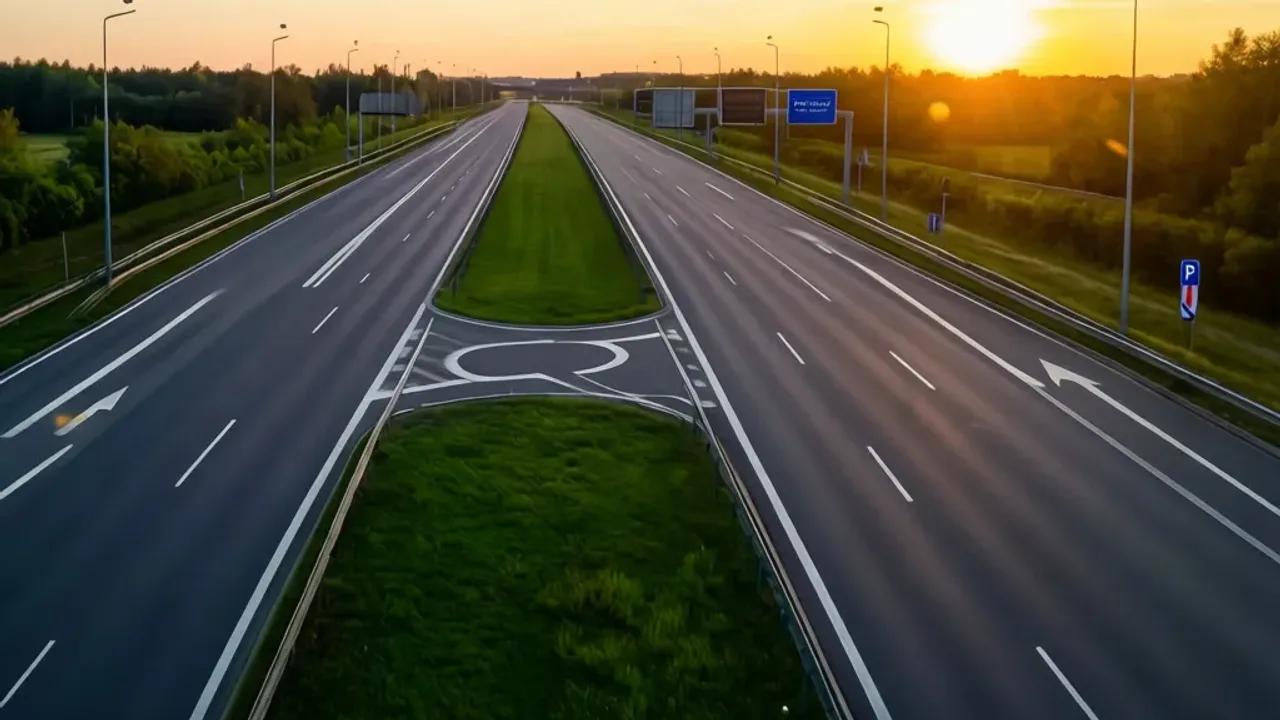 Zawracanie na drodze dwujezdniowej: Praktyczne zasady i przepisy 2026 Oznakowana przełączka umożliwiająca bezpieczne zawracanie na drodze dwujezdniowej zgodnie z przepisami ruchu drogowego.