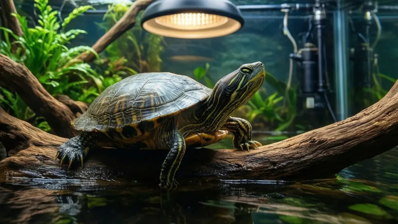 Żółw wodno lądowy gatunki: popularne gatunki odpowiednie dla początkującego Żółw wodno lądowy gatunki wygrzewający się na słońcu w przestronnym akwaterrarium z profesjonalnym oświetleniem.