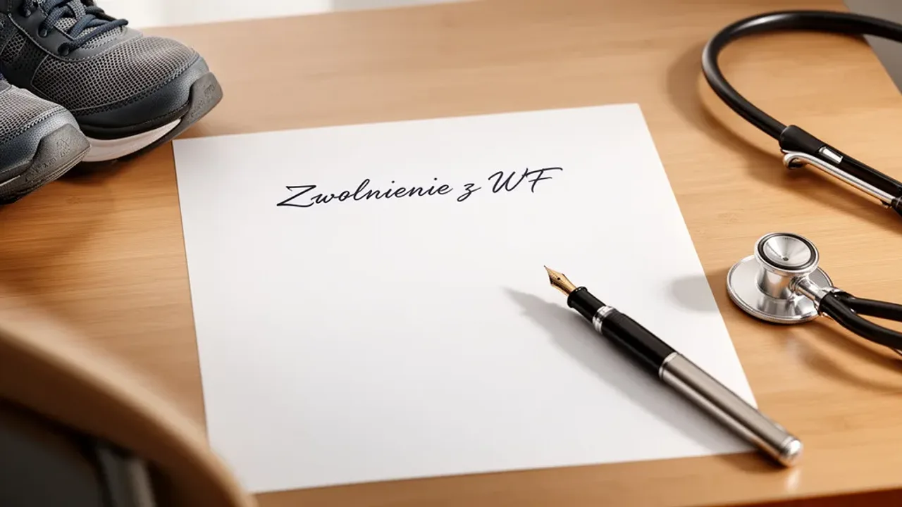 Zwolnienie z wf jak napisać: praktyczny poradnik wystawienia zwolnienia Wypełniony dokument na zwolnienie z wf jak napisać leżący na szkolnej ławce obok stetoskopu i okularów.